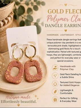 Terracotta Pink Polymer Clay Dangle Earrings with Gold Hoops